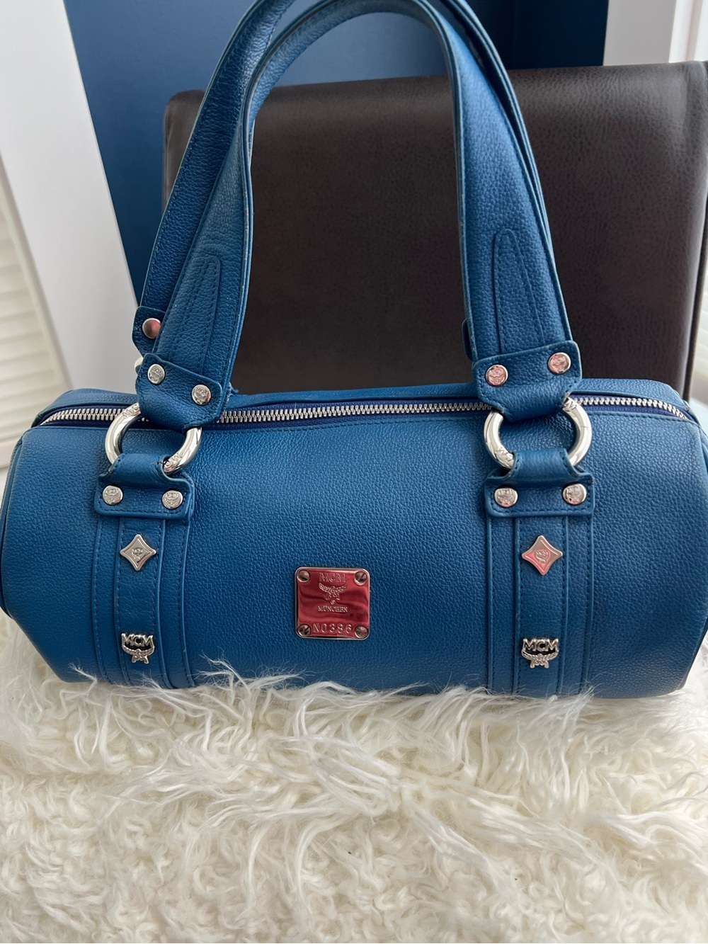 VINTAGE MCM Blue Grained Leather Papillon Mini Boston Barrel Bag